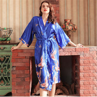 Japanese Style Long Loose Satin Peacock Woman Yukata Dress Pajamas Oriental Crane Kimono Haori Chinese Qipao Nightgown Robe