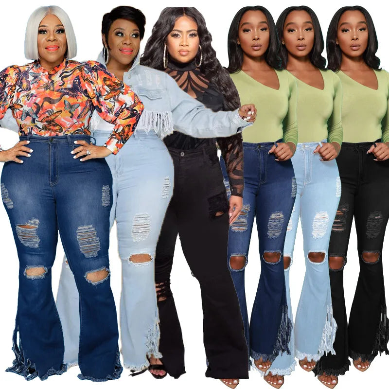 INS Hottest Women Ripped Jeans Plus Size Lady's Sexy Nightclub Wear High Waist Hollow Out Denim Flared Pants 2021 Autumn New