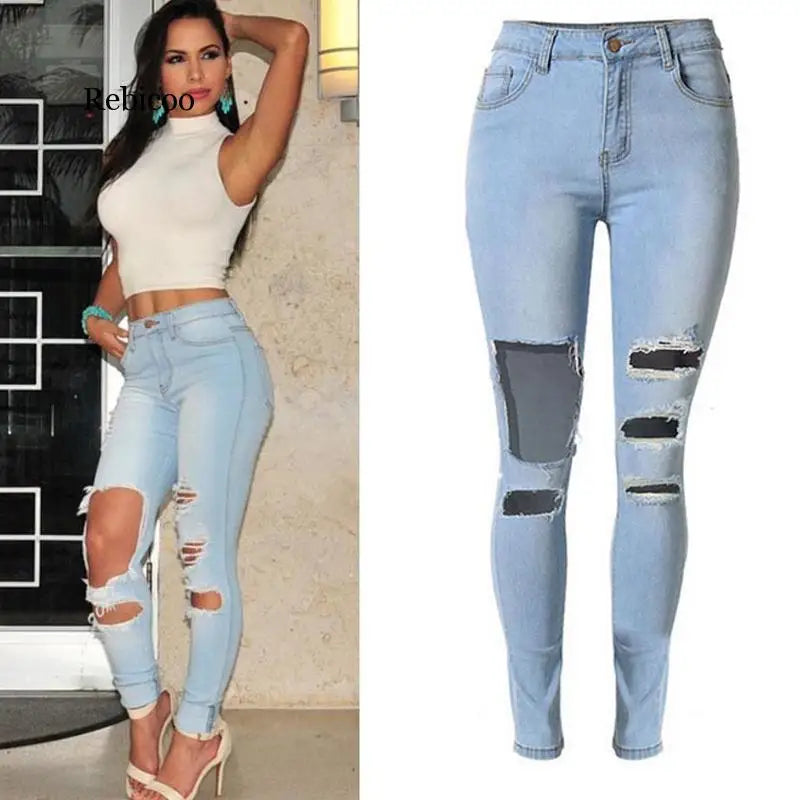 Stretch Skinny Ripped Jeans Women Destroyed Pencil Pants Elastic Tights Denim Trousers Distressed Boyfriend Streetwear