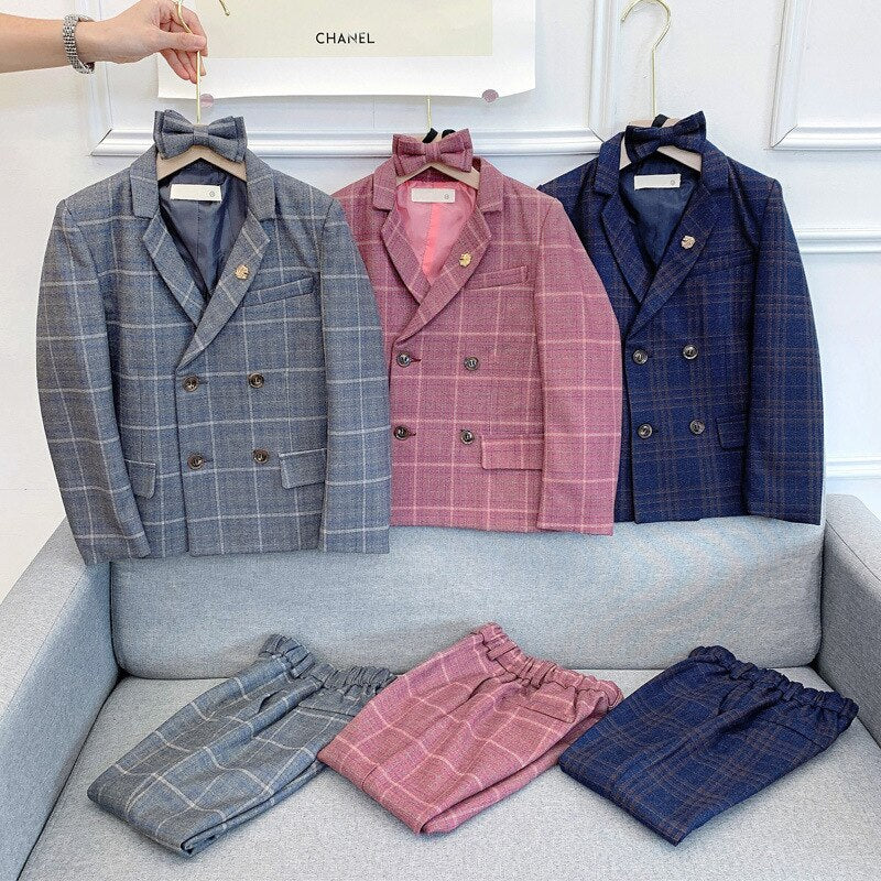 Flower Boys Formal Dress Suit Set Autumn Children Plaid Double Breasted Blazer Pants 2Pcs Clothes Set Kids Wedding Party Costume