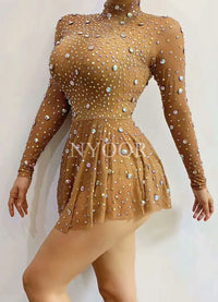 Sexy Transparent Rhinestones Long Sleeve Mini Dress Crystal Dance Costume Women Birthday Celebrate Party Outfit  Show Stage Wear