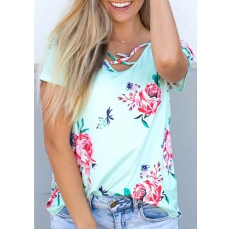 Women Summer Short Sleeve Floral Shirt Blouse Tops Loose Shirt Casual Tee TOP Ladies Womens Flower Print Blouses Clothing