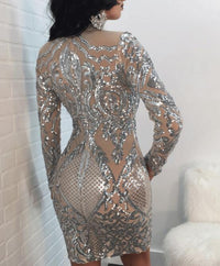 Silver Sparkly Bodycon Dress Long Sleeve Women Sequin Dress Transparent Winter Elegant Sexy Night Club Mesh Glitter Party Dress