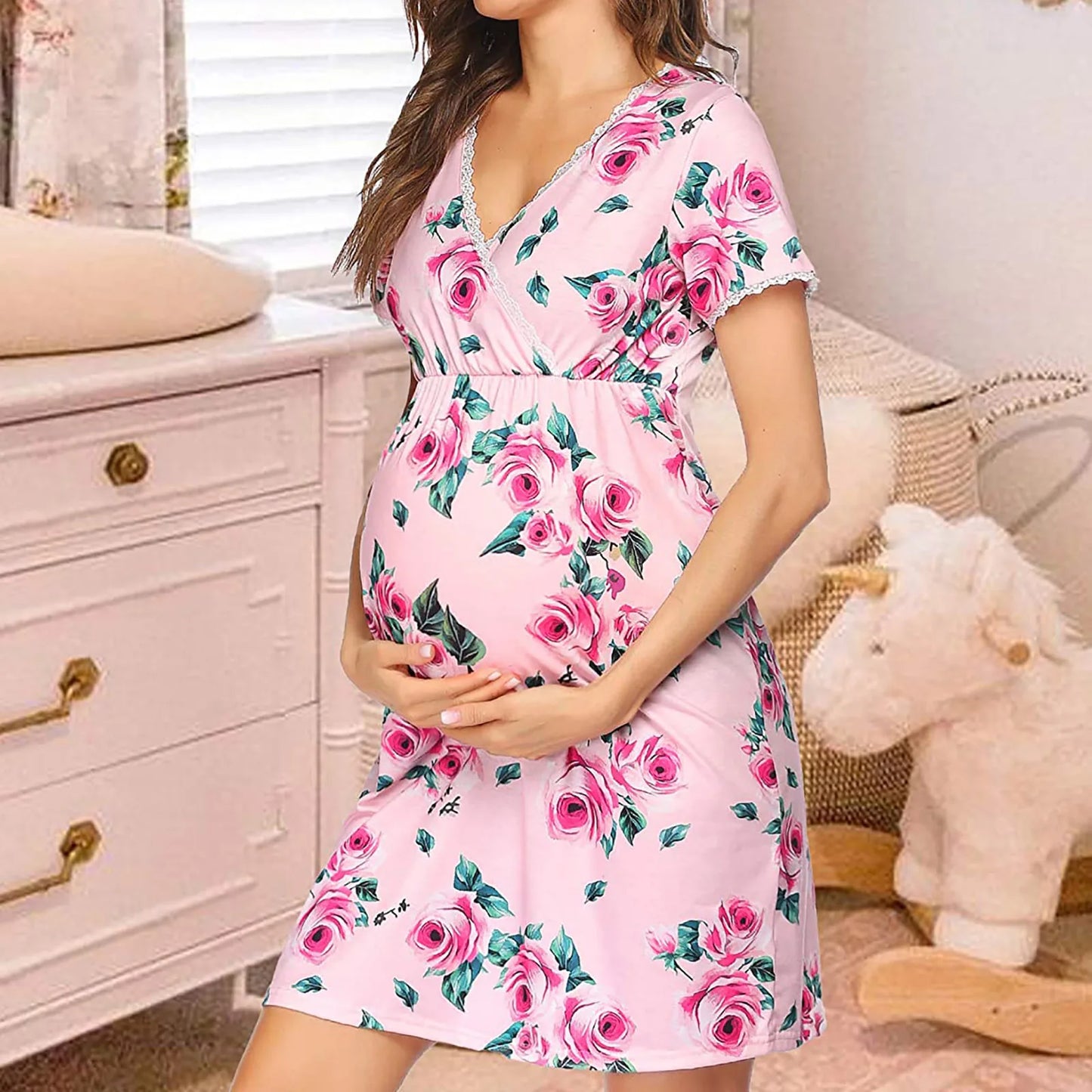 Maternity Robe For Hospital Nightgown Pregnant Women Breastfeeding Nursing Nightwear Pajama Lace V-neck Sleepwear Nightdress