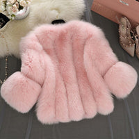 HJQJLJLS 2021 Winter Women Thick Warm Pink Fur Coat Fashion Faux Fox Fur Coat Female Three Quarter Sleeve Artificial Fur Jacket