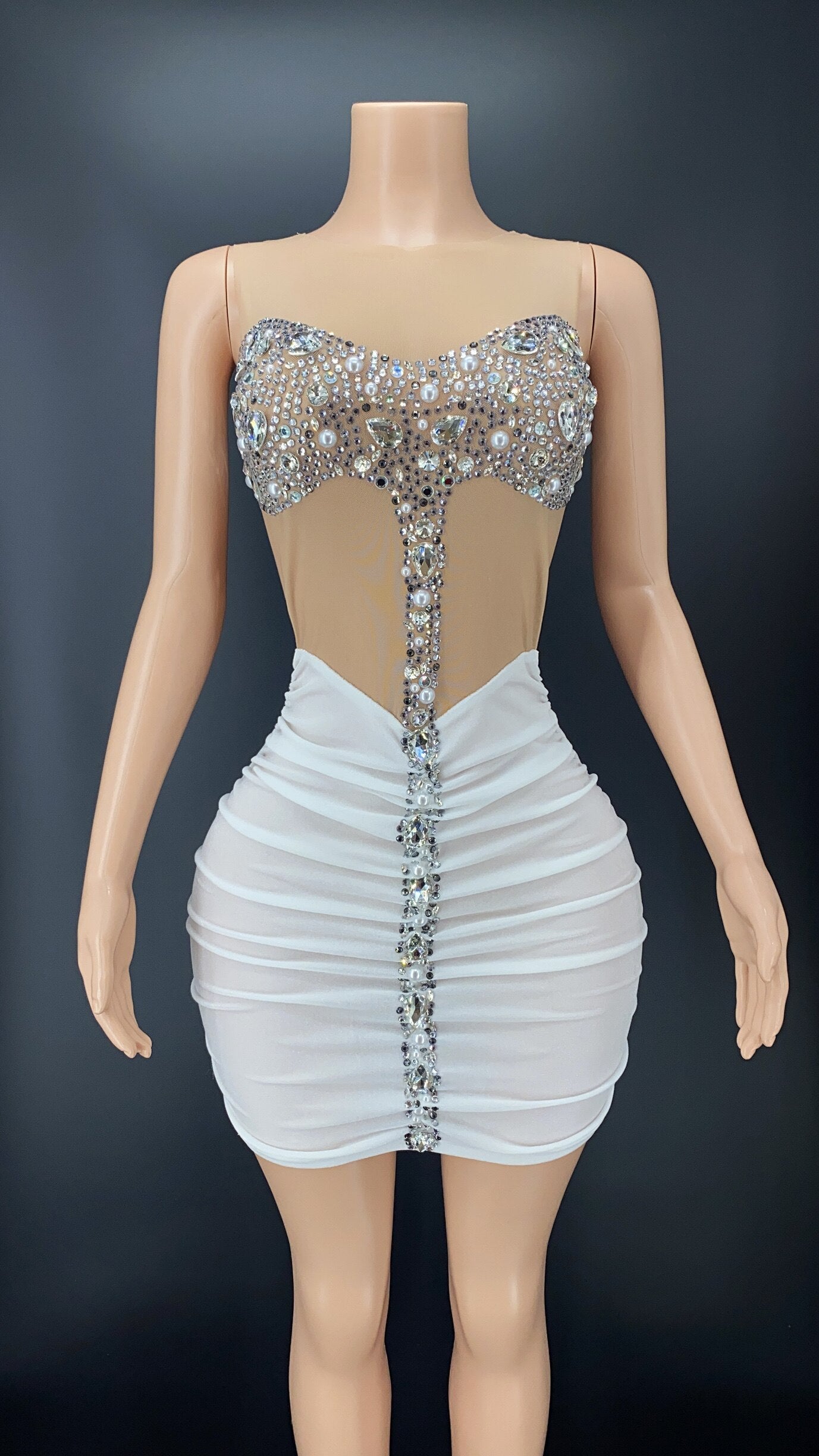 Women Sexy Stage Sleeveless Mesh Crystals Rhinstones Transparent Short Mini Dress Evening Birthday Wedding Stretch Dance Dress