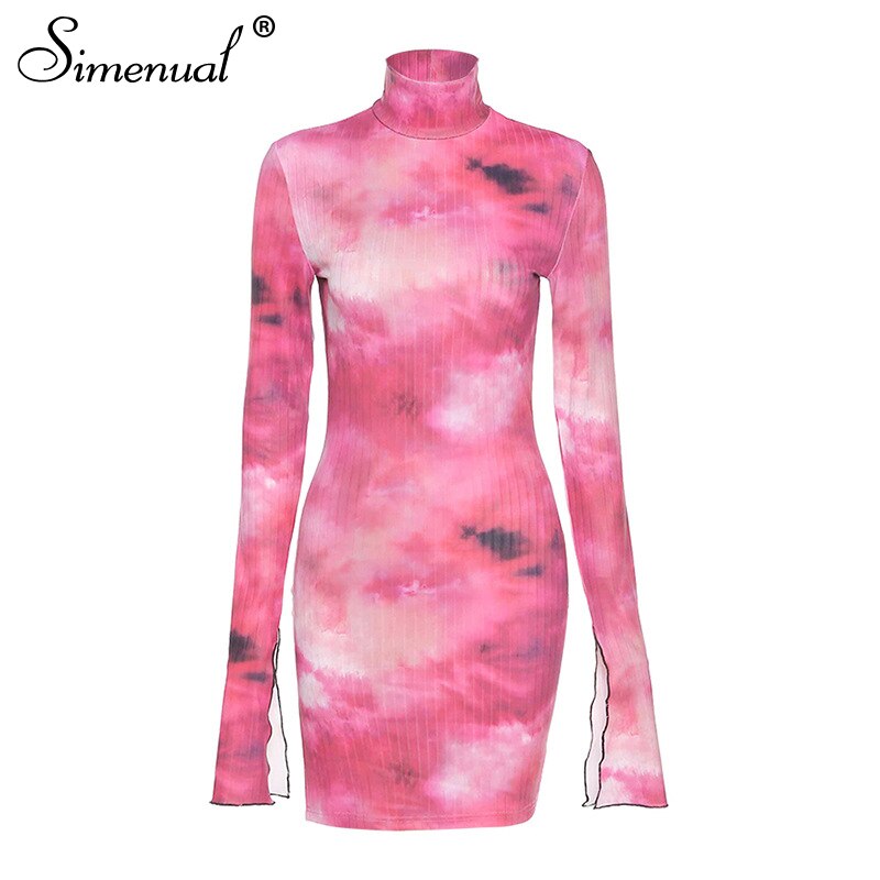 Simenual Tie Dye Mock Neck Bodycon Dresses For Women Side Split Ribbed Long Sleeve Clubwear Midnight Outfit Party Mini Dress Hot