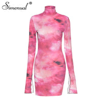 Simenual Tie Dye Mock Neck Bodycon Dresses For Women Side Split Ribbed Long Sleeve Clubwear Midnight Outfit Party Mini Dress Hot