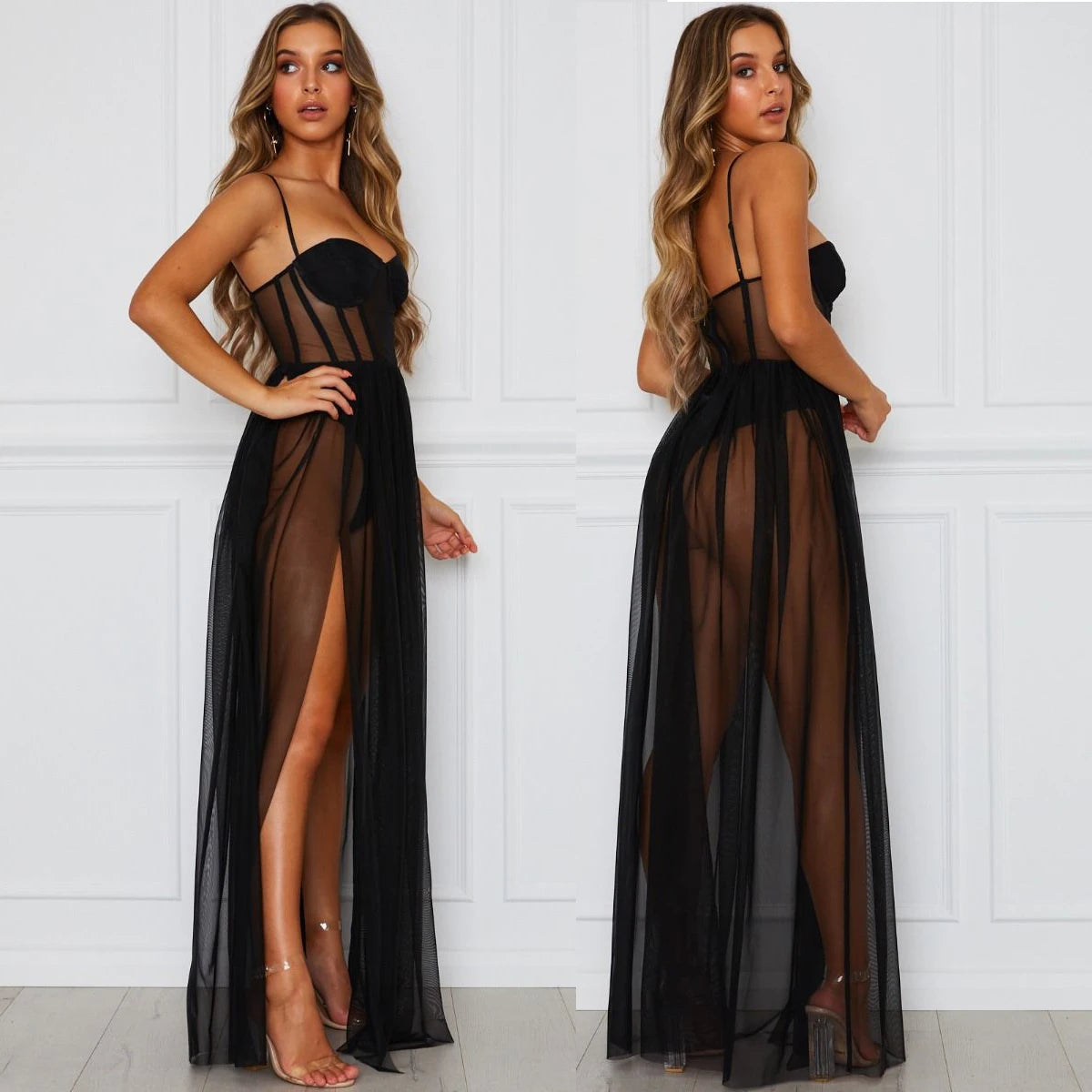 Push Up Padded Sexy Dress Women See-through Mesh Slip Dress High Split Leg High Waist Night Party Fashion Queen Maxi Dress 2019