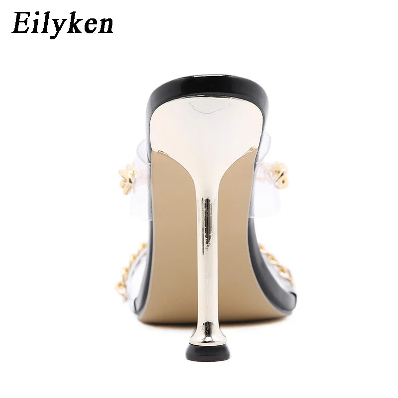 Eilyken Summer PVC Transparent Square Toe  High Heels Women Slippers Designer Chain Decoration Ladies Shoes Stiletto Sandals