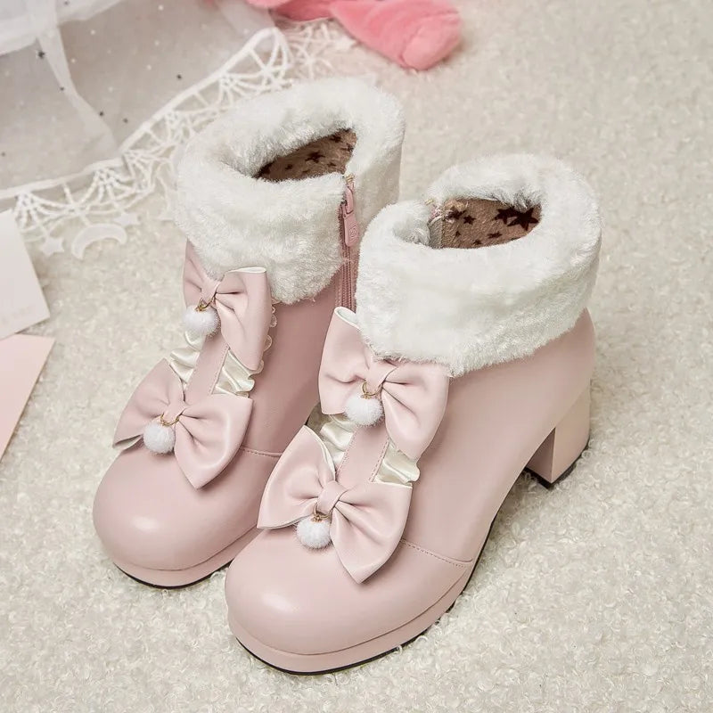 Winter Warm Fleece Fur Decoration Sweet Lolita Shoes Women Ankle Boots Cosplay Kawaii Princess Platform Girl Botas Plus Size 43