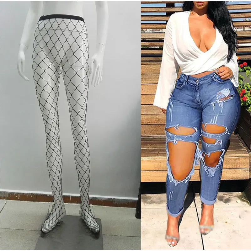 Plus Size Ripped Holes Hollow Out Mesh Stretchy Skinny Jeans 3XL Vintage Slit Pantalones288 Mujer Blue Denim Pencil Pants