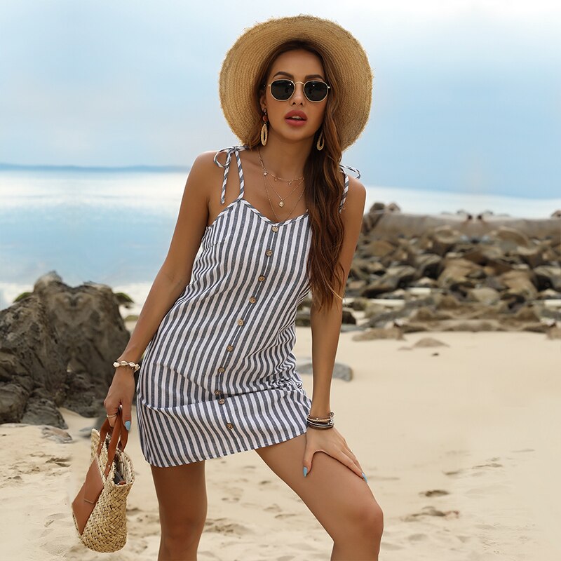 New Women Sexy Mini Spaghetti Strap Dress Summer Stripe Sundress Sleeveless Backless Button Bandage Bodycon Ladies Party Vestido