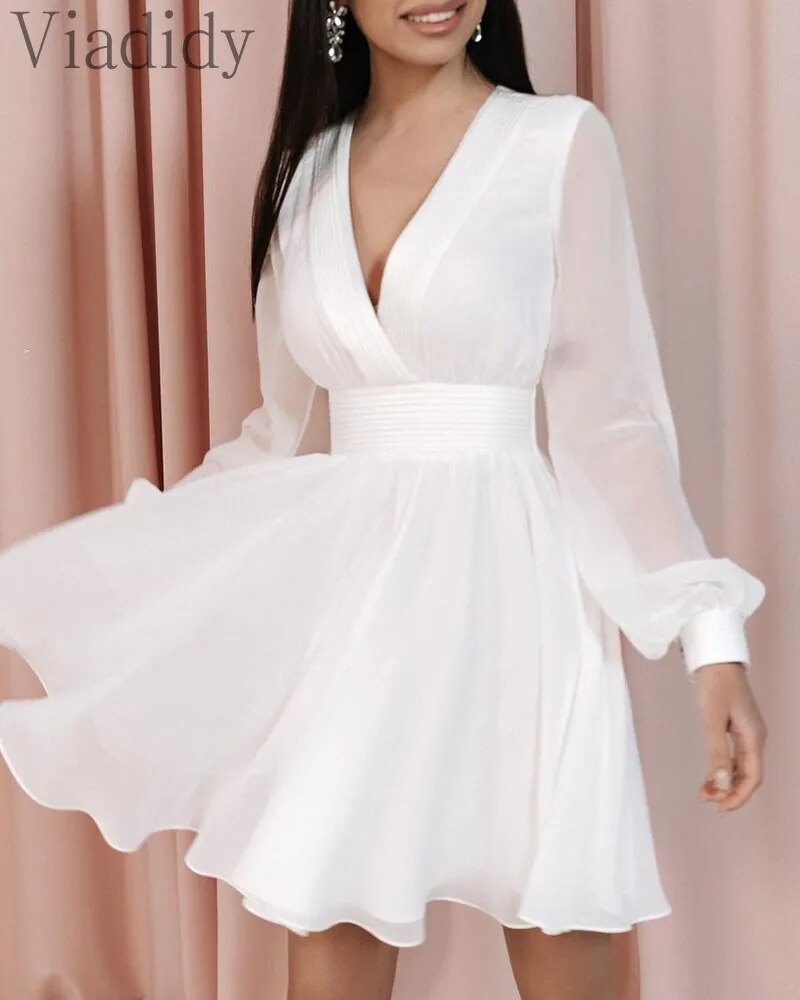 Women Long Sleeve Deep V Neck White A-line High Waist Ruffles Dress OL Elegant Solid Color Work Party Dress