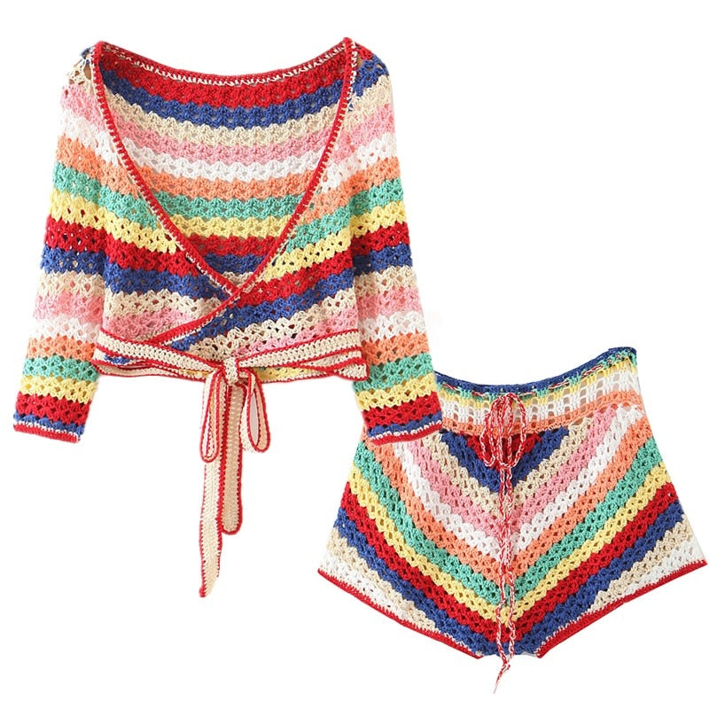 Sexy 2020 Lacing up Colored Striped Hand crochet Cardigan Sweater Women Tops 2 Pieces Set