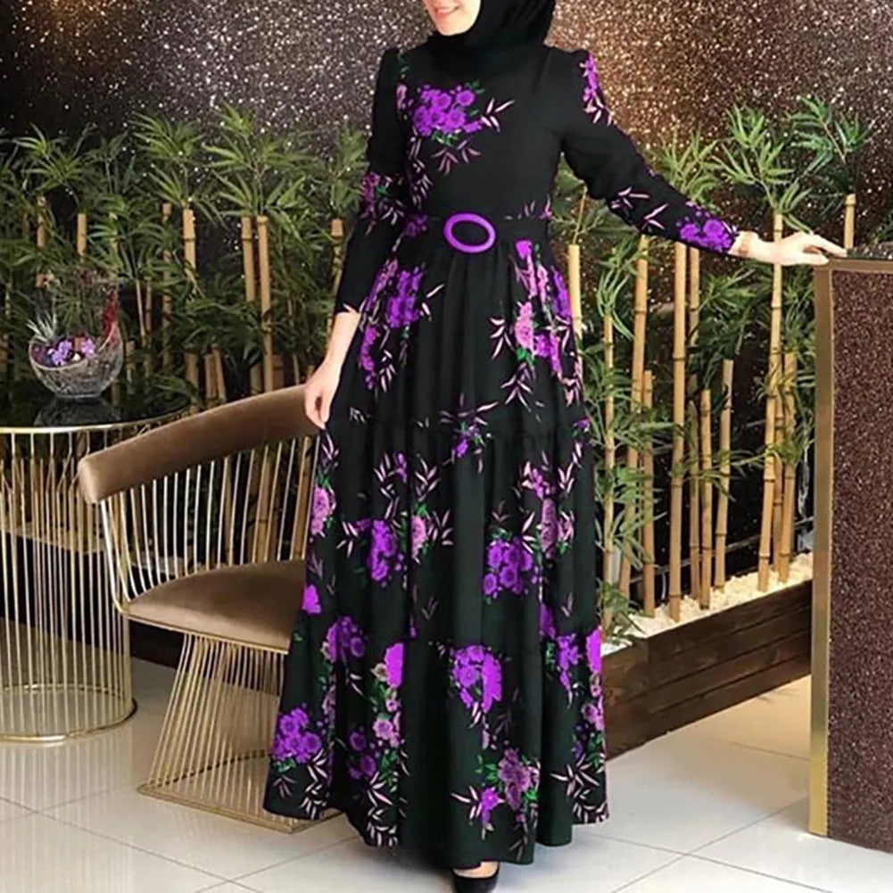 Women Long Sleeve Muslim Abaya Dress Ethnic Floral Print Belt Maxi Kaftan Robe Satin Corset Long Sleeve Dresses