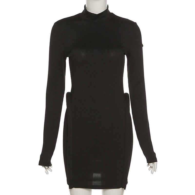 Three-Dimensional Decoration Bodycon Long Sleeve Turtleneck Streetwear Knitted Stitching Mini Dress Women Hipster Skinny Black / Xs Three-Dimensional Decoration Bodycon Long Sleeve Turtleneck Streetwear Knitted Stitching Mini Dress Women Hipster Skinny Black / Xs