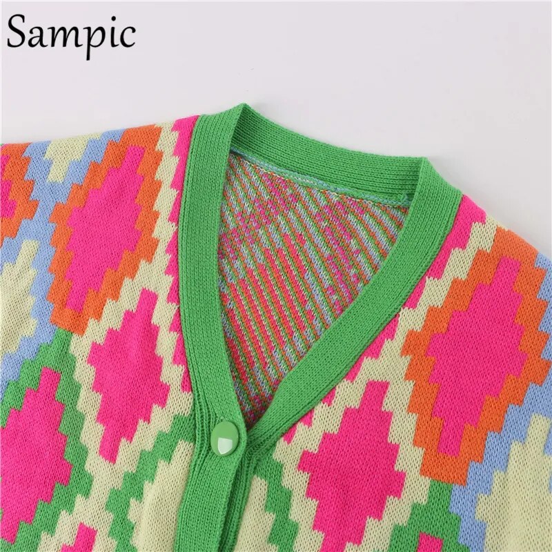 Sampic Winter Women Basic V Neck Oversized Knitwear Argyle Cardigans Green 2021 Autumn Fashion Y2K Knitted Sweater Cardigans