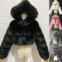 Winter Warm Fashion Hooded Faux Fur Coat Women S-3XL Furry Overcoat Elegant Plush Crop Jacket Femme Color Daily Casual