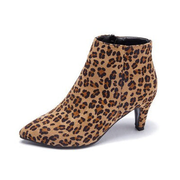 Boots Women Autumn Ankle Boots Sexy Flock High Heels 7CM Point Zipper Leopard Half Short Winter Boots