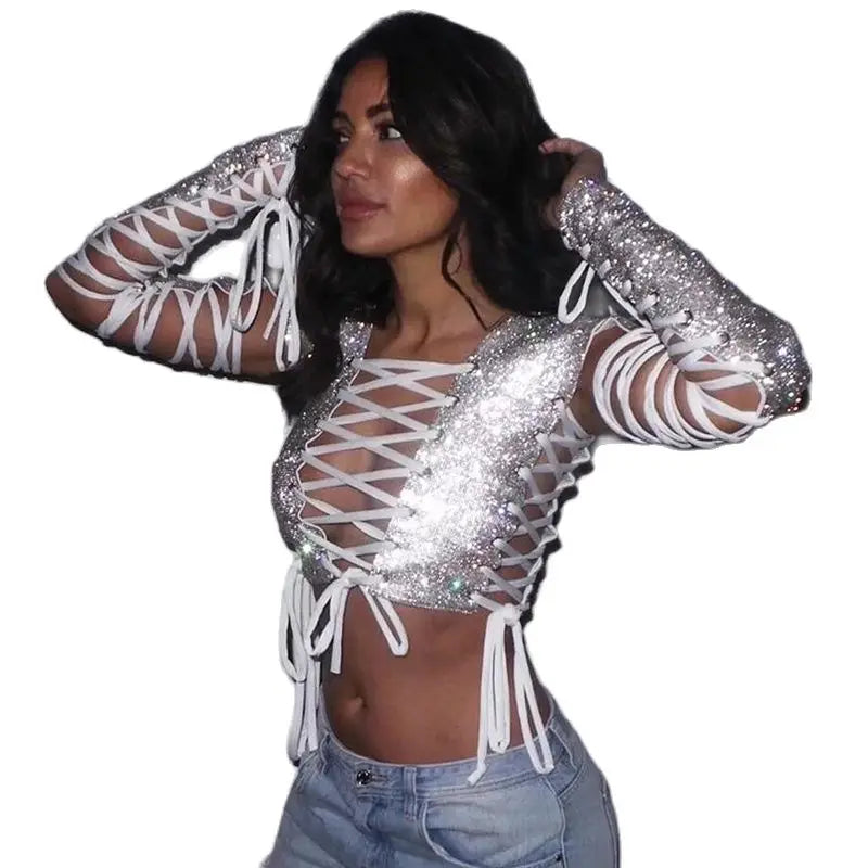 Glitter Rhinestones Criss Cross Bandage T Shirt Crystal Diamonds Long Sleeve Crop Top Sexy Women Club Party Fashion Tops 2022