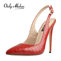 Onlymaker Women 12CM Slingback High Heels Pumps Red Color Pointed Toe Ankle Strap  Big Size Fashion Sandals