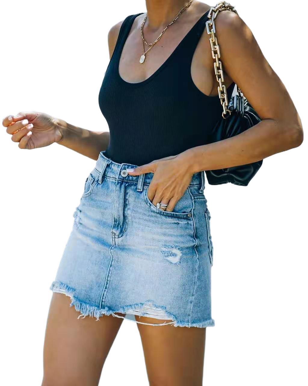 2021 Summer Women&#39;s Denim Jeans Hip A-line Wash Mini Skirt Ropa Mujer