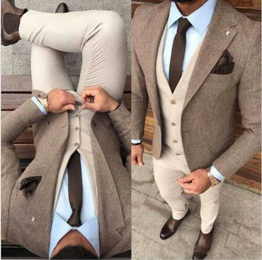 New Arrival Winter Tweed Man Business Suits Groom Tuxedos Slim Fits Men Prom Party Suits Coat Trousers Sets (Jacket+Vest+Pan