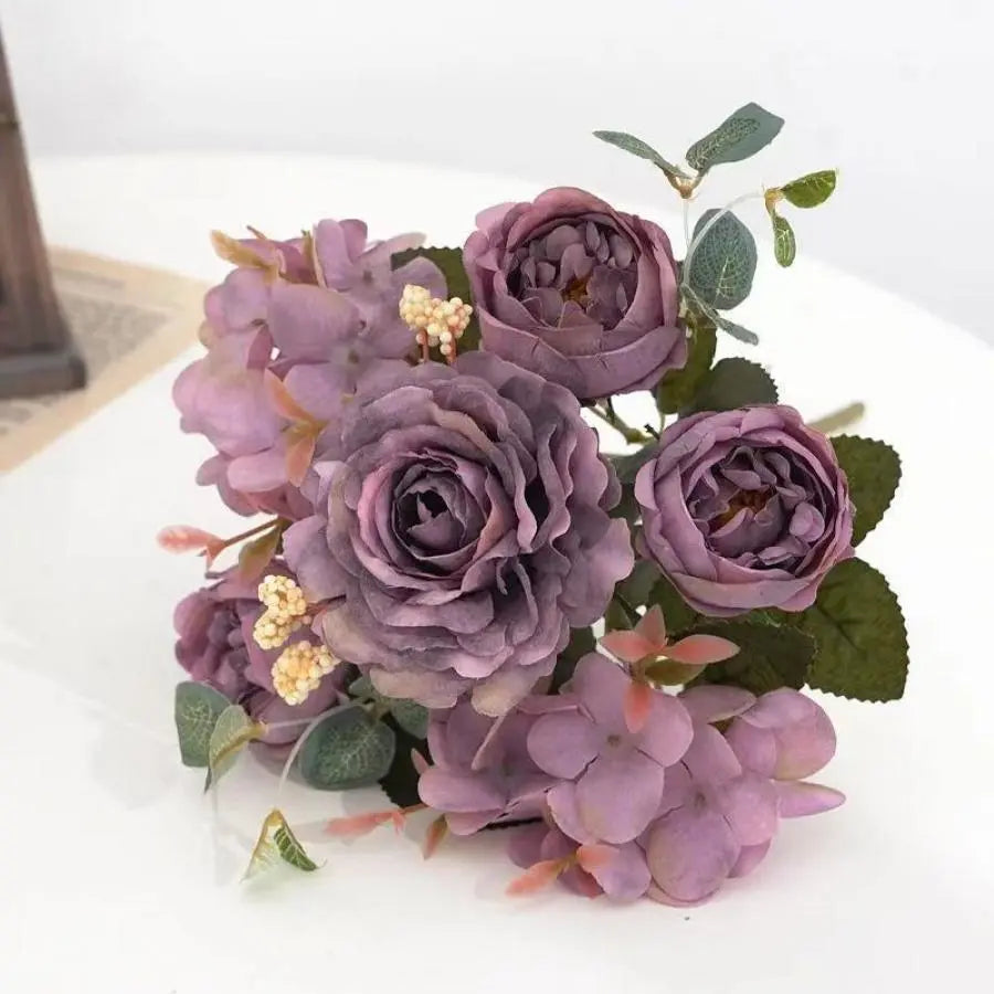 Artificial Flowers Retro Silk Rose Bouquet Hydrangea Peony Vintage Bride Holding Fake Plants Home Wedding Decoration Accessories