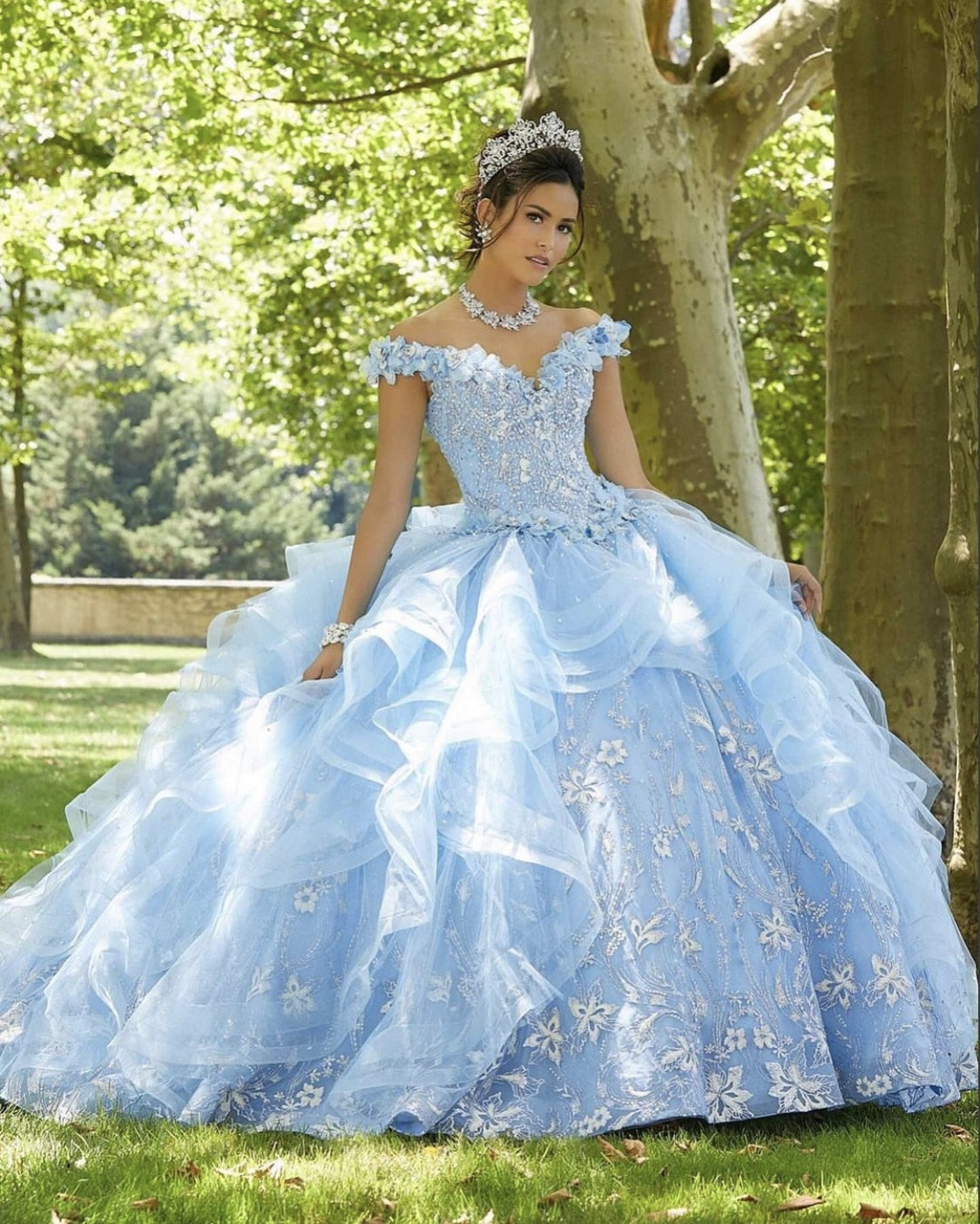 LSYX Light Blue Sweet 16 Quinceanera Dress 2022 Off Shoulder Appliques Sequins Flowers Princess Party Gown Vestidos De 15 Años