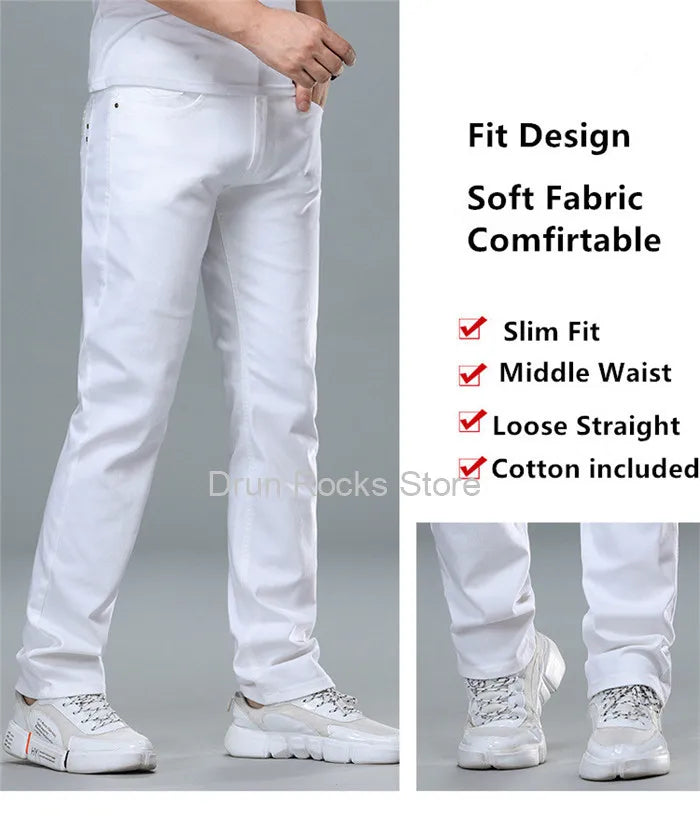 White Jeans Men Plus Size 36 38 40 Loose Oversized Red Trousers Stretched Denim Mens Casual Slim Fit Straight Elastic Man Pant
