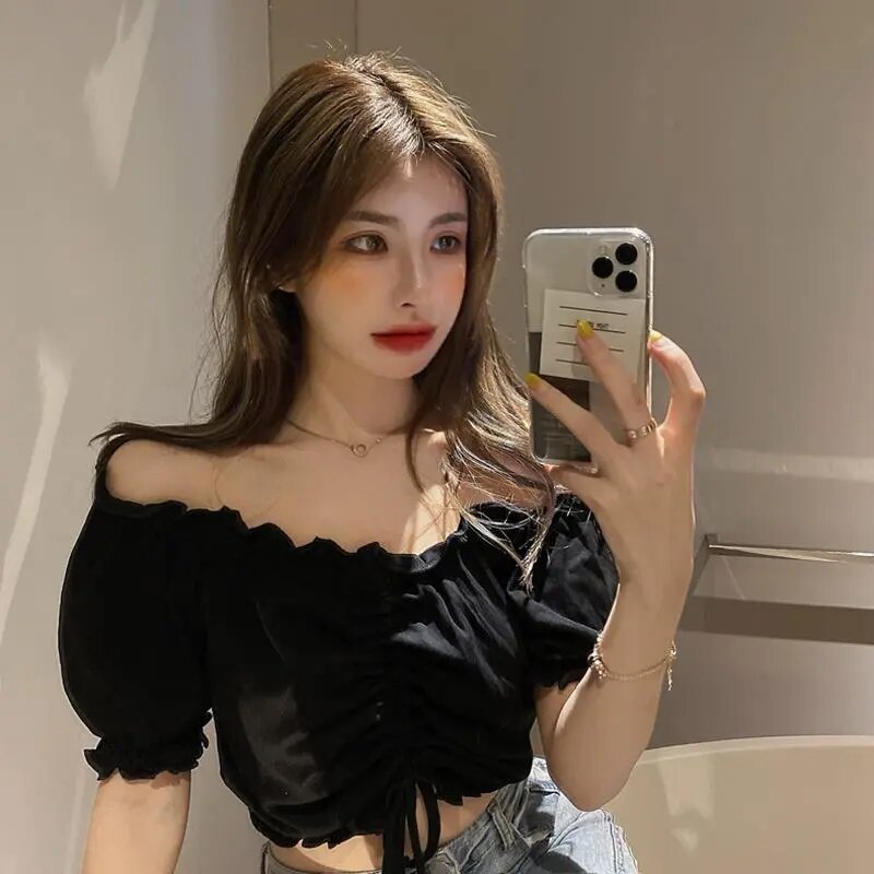 Fashion Blouses Woman Sexy Off Shoulder Crop Top Ruffles Shirt Puff Sleeve Harajuku Tee Shirt Chiffon Youth Elegant Blouse