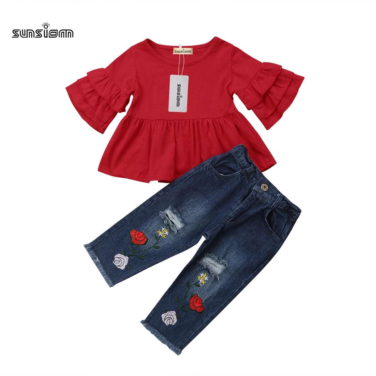 1-6Y Fashion Summer Kids Baby Clothes Sets Ruffles Sleeve Red T-Shirts Tops Floral Print Blue Hole Denim Pants Outfits