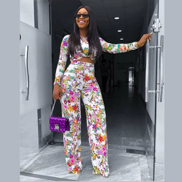 2020 Ins Internet Celebrity Famous two pieces Office Lady Women Set Print Floral T-shirts And Long Pants