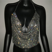 Sexy Style Backless Metal Chain Rhinestone Tank Top Spaghetti Strap Deep V Hollow Out Handmade Crystal Diamonds Vest Nightclub