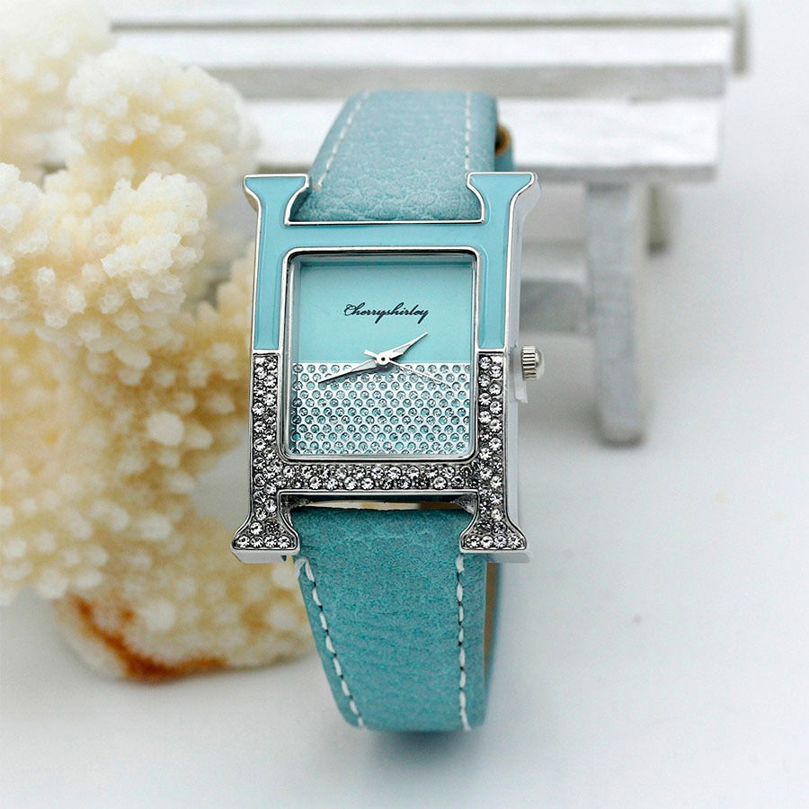 Casual Female Square Shaped WristWatch Leather Paint Rhinestone Designer Ladies Clock Women Dress Luxury Quartz Crystal Watch