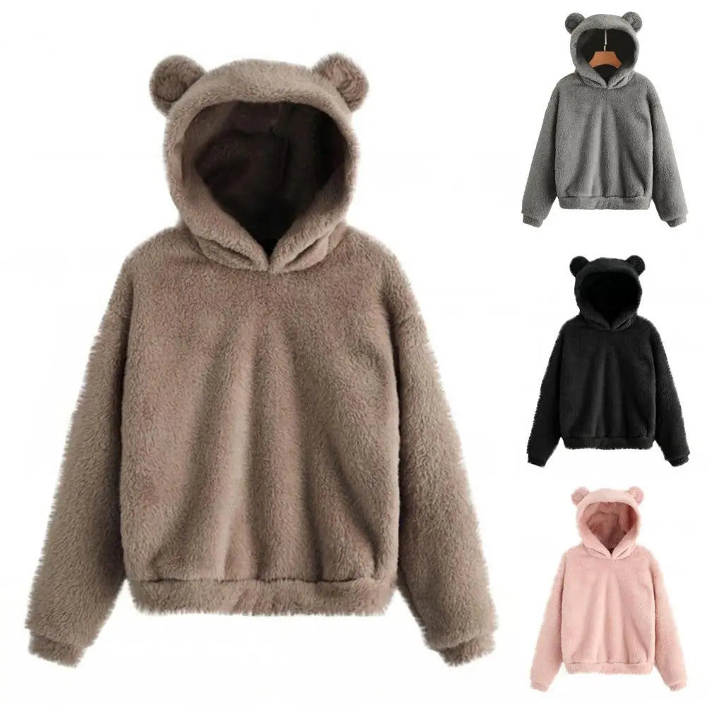 Autumn Winter Women's Hoodies Winter Women Long Sleeve Rabbit Ear Hood Sweatshirt Cute Plush Warm Casual Hoodie Tops