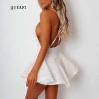 Women Fashion Solid Color Glitter Deep-V Neck Mini Dress Ladies Sexy Backless Clubwear Black White Blue Red