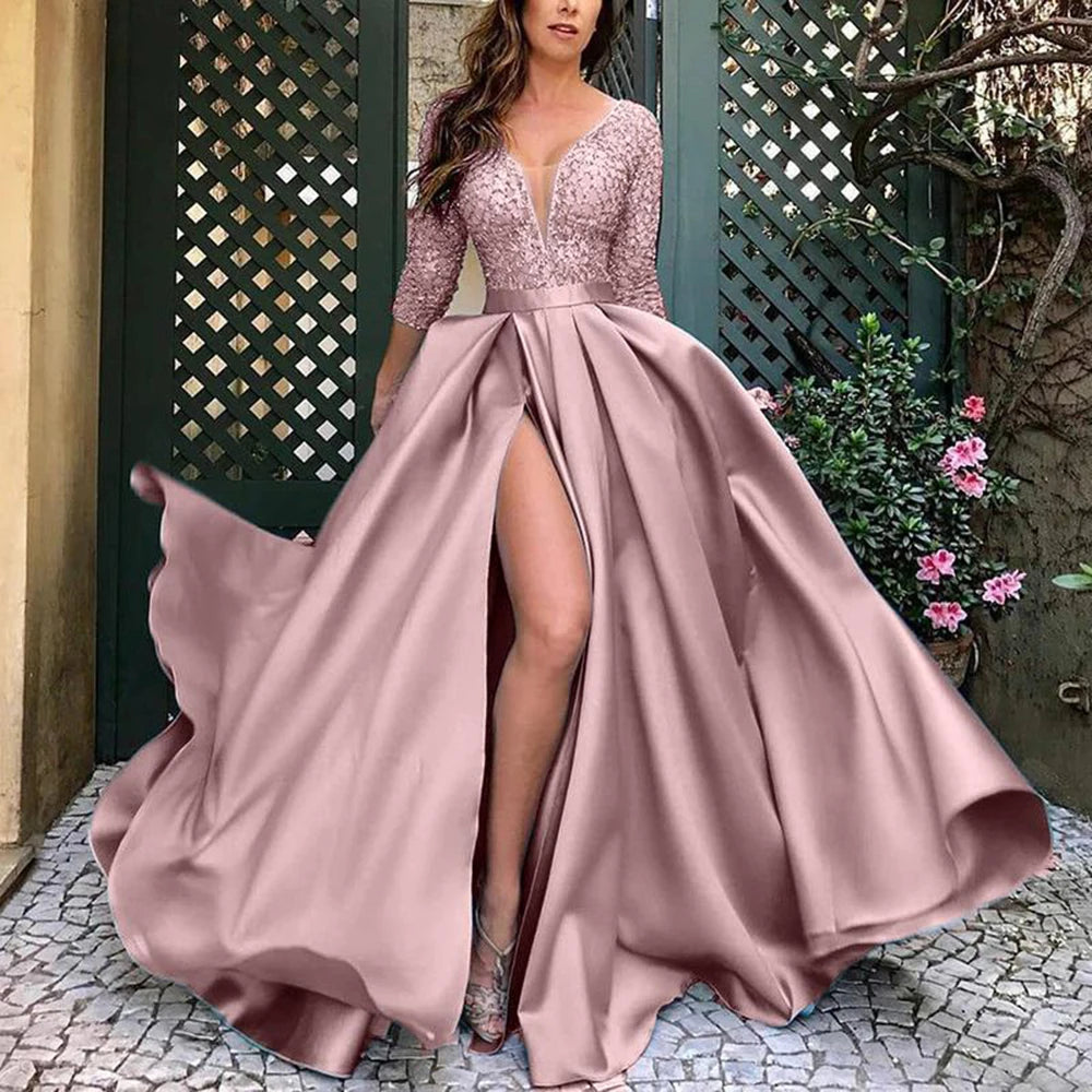 Sexy Deep V-Neck High Split Evening Dress Exquisite Little Train Three Quarter Sleeve Floor-Length Dresses Formal Evening Gowns