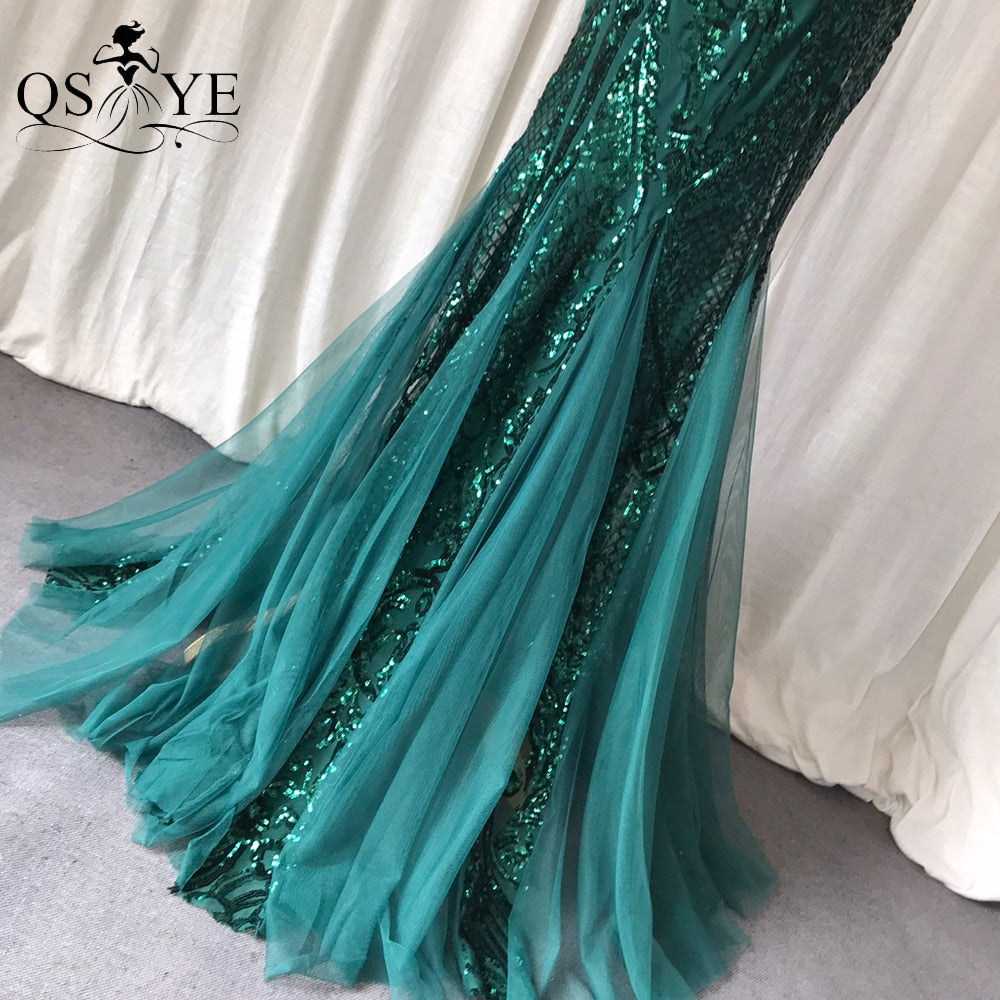 One Shoulder Emerald Evening Dresses Green Sequined Long Mermaid Prom Gown Glitter Elegant Party Dress Pattern Lace Formal Dress