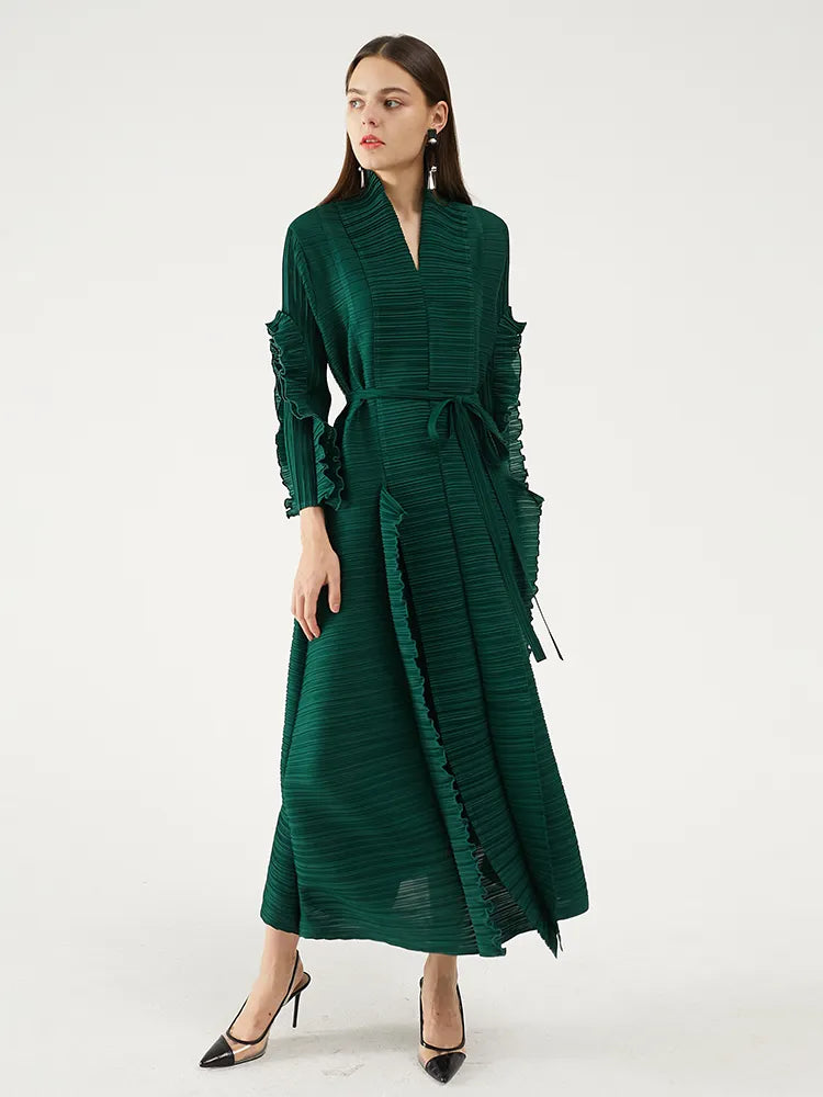 Miyake Pleated Petal Sleeve Dress Lapel Cardigan Sashes High Fashion Loose Long Dresses Fall 2022 Winter Women Designer Clothes