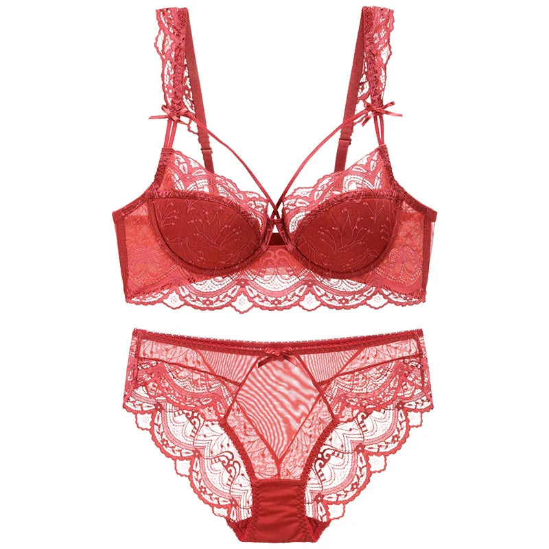 Sexy Bra Set Plus Size For Women Lingerie Fine Lace Underwire Ruffles Straps Decorate With Bow Women's Underwear E Cup