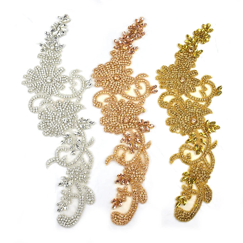 WRA-1006 Keering Hotsale Elegant Gold Wholesale Handmade Long Clause for Bridal Wedding Dress Beaded Bodice Patch Rhinestones