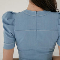 Office Lady Dress 2022 Summer High Waist Tight Dress V-Neck Puff Sleeve Decorated Single-Breasted Button Denim Dress