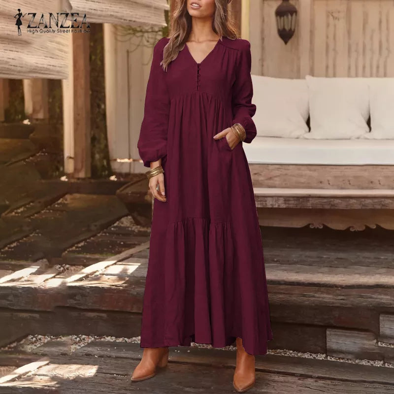 2023 ZANZEA Women Long Maxi Dress Casual Long Sleeve Pleated Dress Pockets Buttons V Neck Party Vestidos Cotton Bohemian Dresses