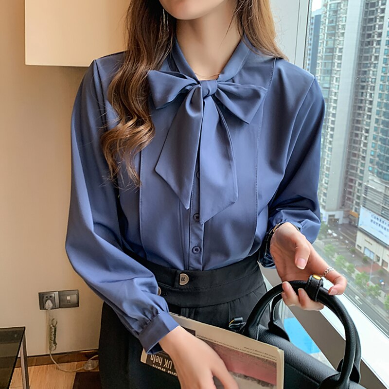 New Bow White Blouse Women 2022 Button Office Lady Long Sleeve Blue Chiffon Shirt Autumn Tops Woman Clothes Pocket Womens Shirts