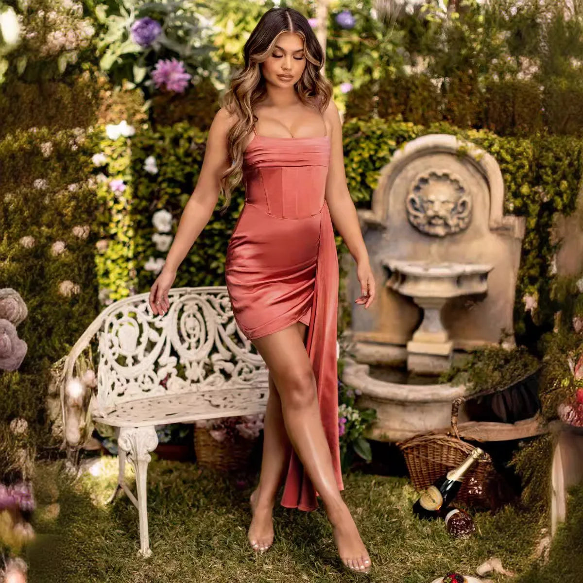 [Clearance Special Price] European American High-End Women's Satin Fishbone Pleated Spliced Spaghetti Strap Sexy Backless Summer
