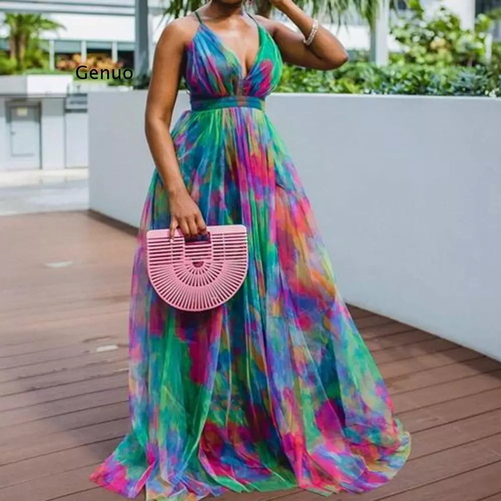 Color Block V-Neck Women Maxi Dress To Floor Long Beach Robe African Party Holiday Summer Dresses Sexy Backless