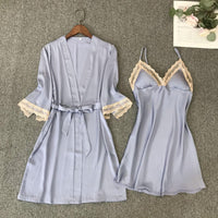 Satin Robe Set Sexy Female Sleepwear Summer Kimono Bathrobe Lace Trim Bride Bridesmaid Dressing Gown Casual Nightgown