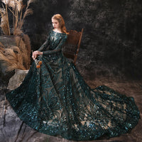 Long Evening Dresses Gorgeous Elegant Muslim Mermaid Long Sleeve Sequined Hunter Green Prom Party Formal Occasion Gown